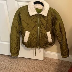 Blank NYC Olive Green Quilted Puffer Jacket with White Accents Women Small (S)